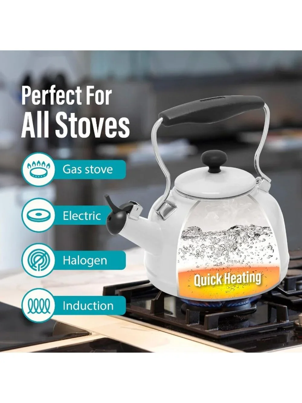 White Kitchen Whistling Tea kettles 1. 7 Quart Enamel Stainless Steel Tea Pot
